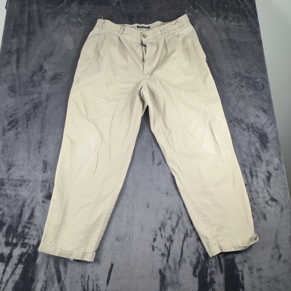 Structure Chino Pants Mens 38S Beige Pleated Cotton Cuffed Casual Trousers